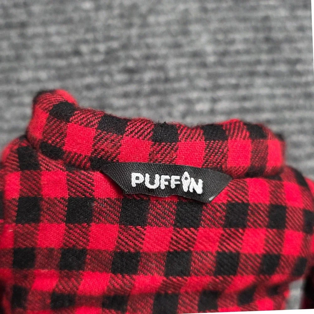 Puffin Insulated Can‎ Cooler Drink Koozie Red Black Buffalo Plaid Flannel Jacket